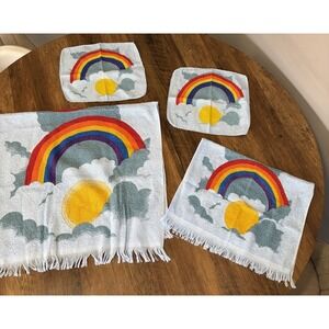 VTG Sky Blue Rainbow & Cloud Cannon Towel Set 1970s 2 Wash, 1 Hand 1 Bath MCM